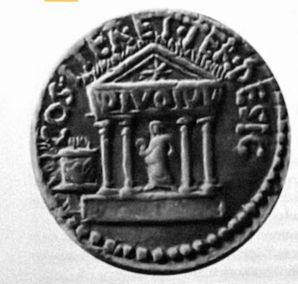 A coin depicting the Temple Julius with comet at top, source: Claridge, Amanda, Judith Toms, and Tony Cubberley. Rome : An Oxford Archaeological Guide. 2nd ed., rev.Expanded. Oxford University Press, 2010.